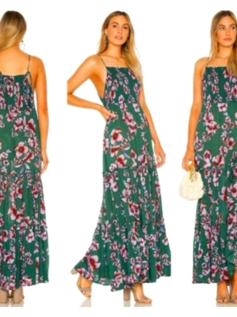 Free People Green Maxi Dress with Pink Floral Print